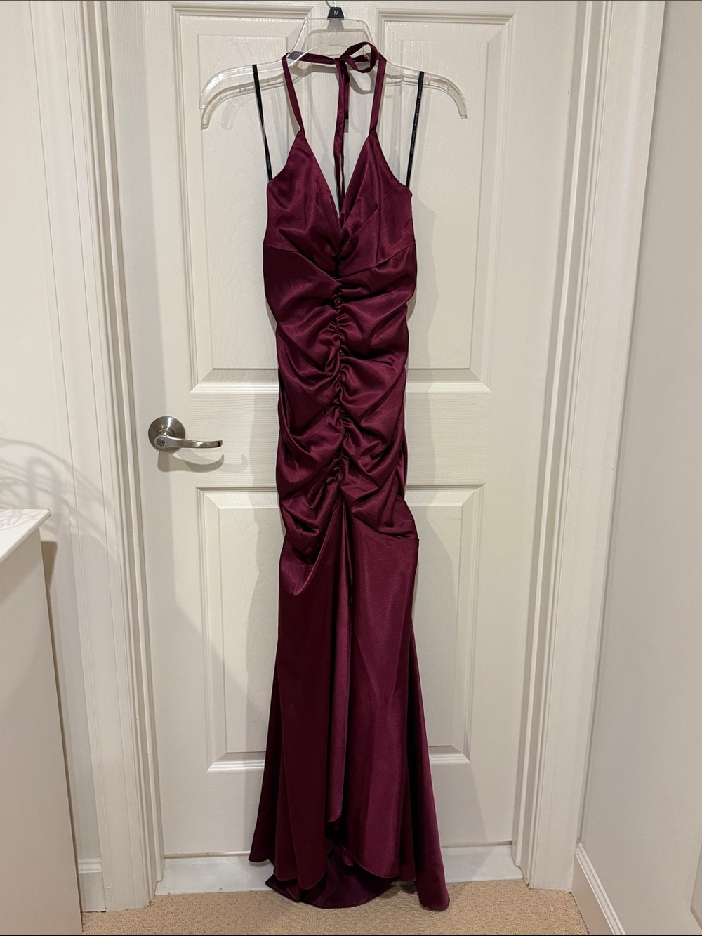 Jessica McClintock Burgundy/ Plum Halter Ruched Satin Prom Dress